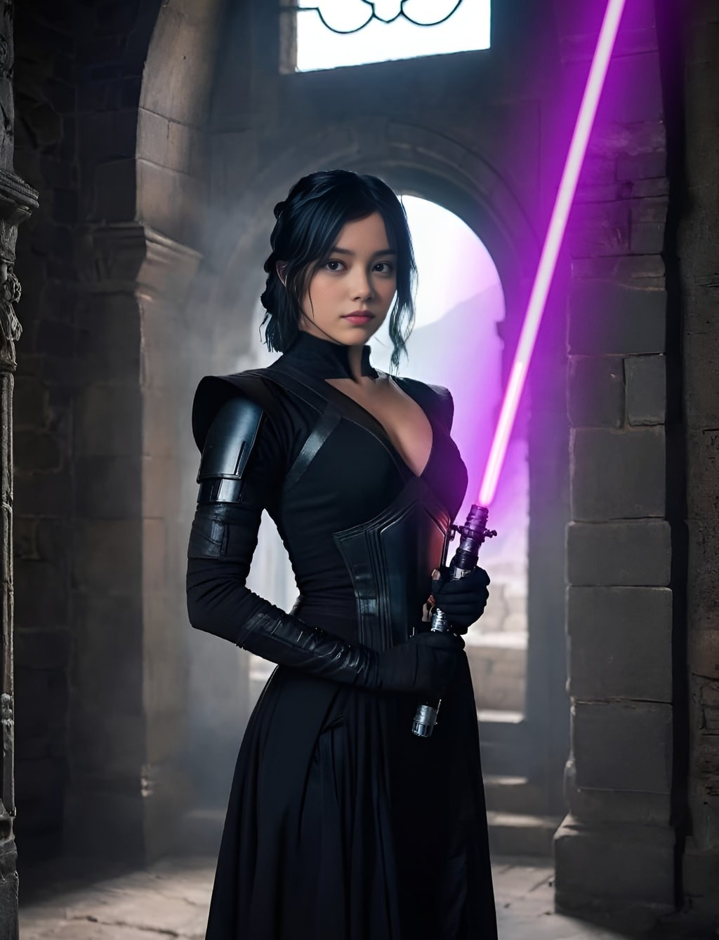 in a black dress with a purple light saber