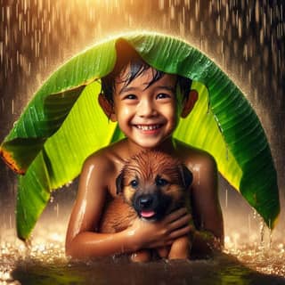 a child is holding a puppy under an umbrella