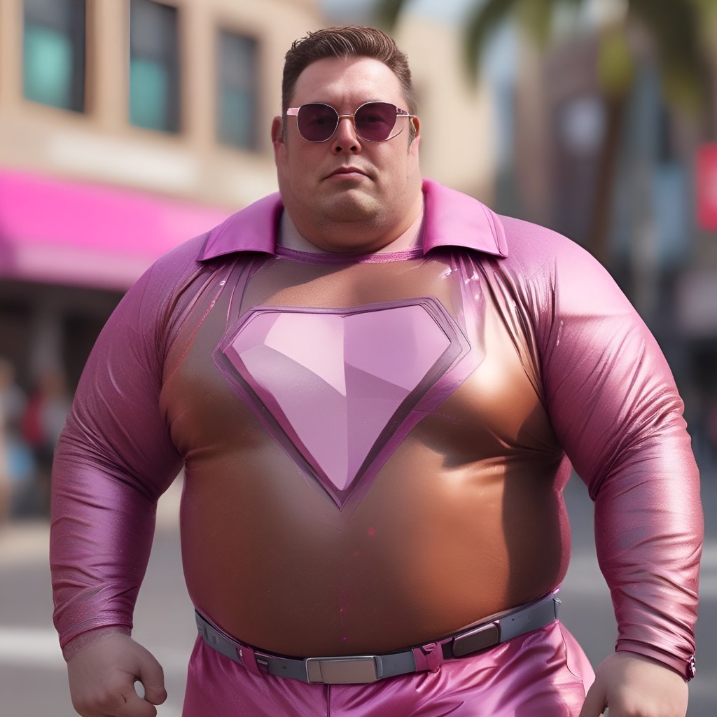 Um homem gordo em um traje de super-herói rosa.