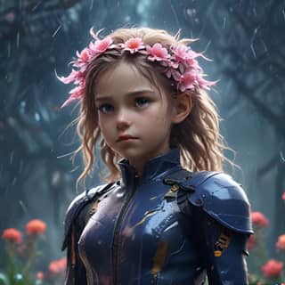 a girl in armor with flowers in her hair