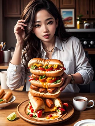 holding a stack of hot dogs on a wooden table