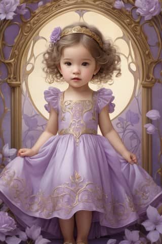 a little girl in a purple dress sitting on a purple background