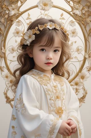 a little girl in a white dress with a gold wreath