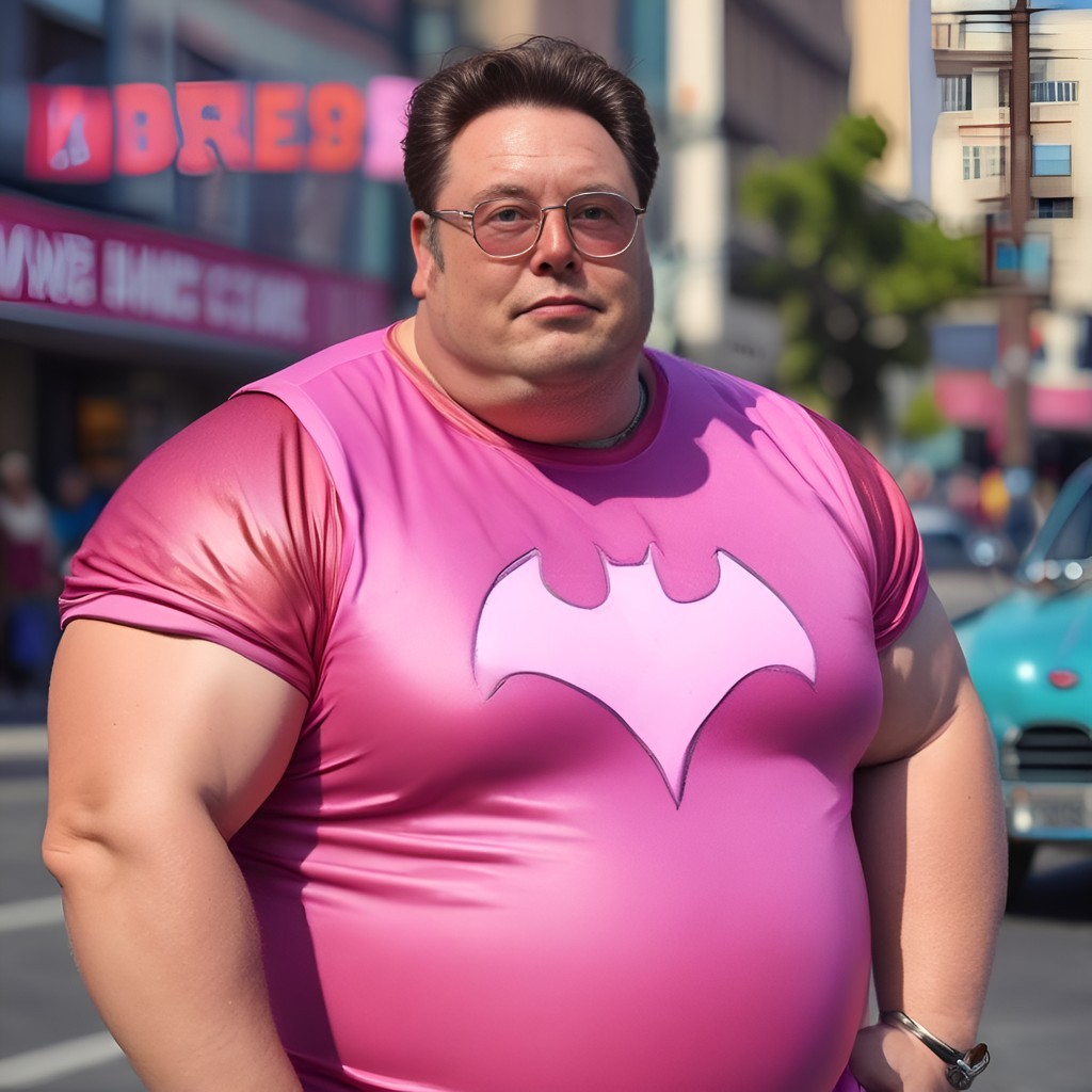 Una persona in costume di Batman rosa sta in strada.