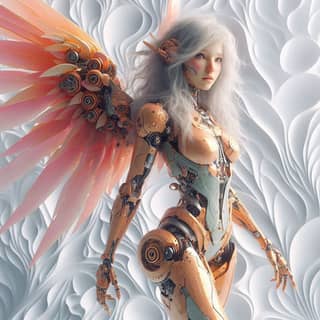 a robot woman with wings and a robot body