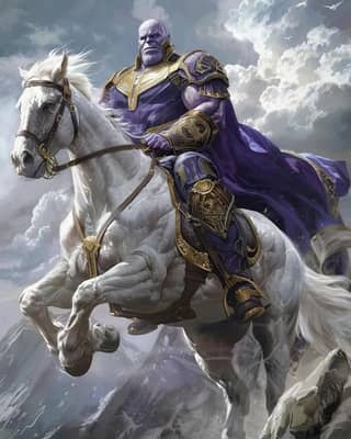 thanos riding on a white horse with a purple cape