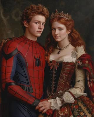 Une femme est déguisée en Spider-Man aux côtés de la reine.