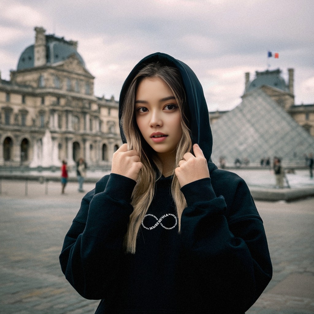 in a black hoodie standing in front of the louvre