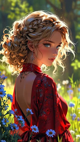 blonde woman in a red dress in the woods