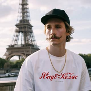 Uma pessoa com um bigode e um chapéu está na frente da Torre Eiffel.