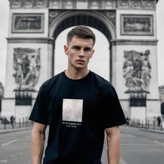 standing in front of the arc de triomphe wearing a black t - shirt