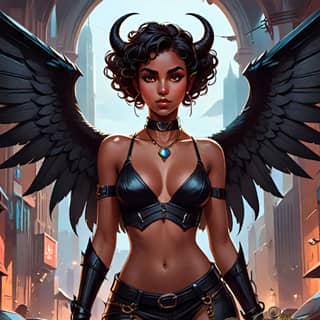 with wings and horns standing in the middle of a city street