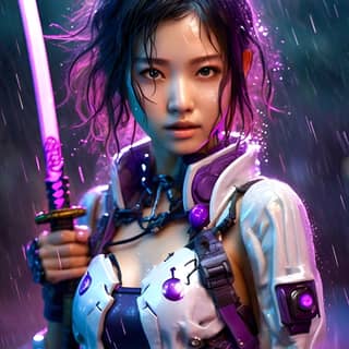 woman with purple hair and a sword