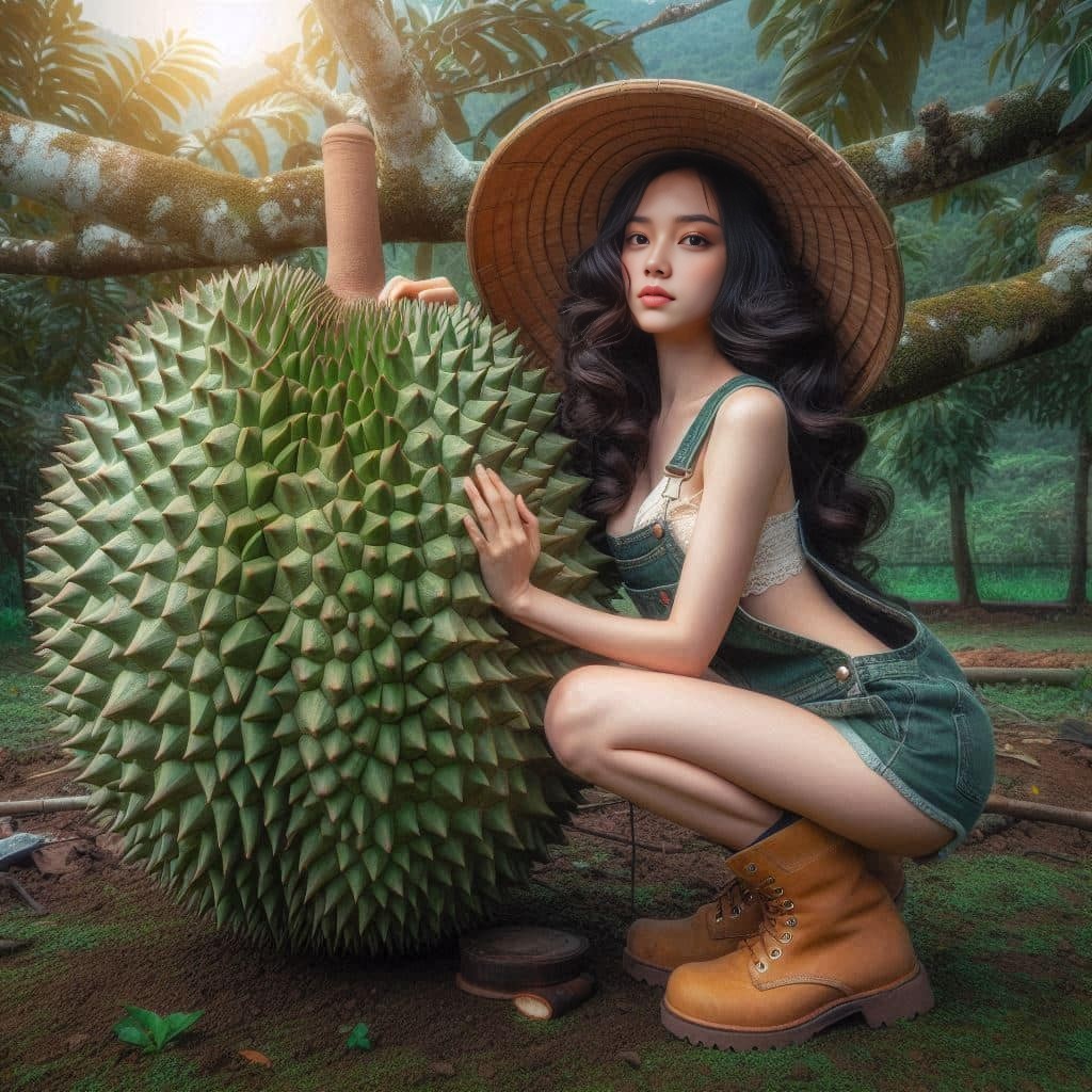 in a hat and green dress is holding a durian