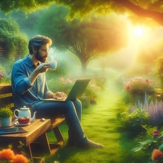 man sitting on a bench with a laptop in the garden