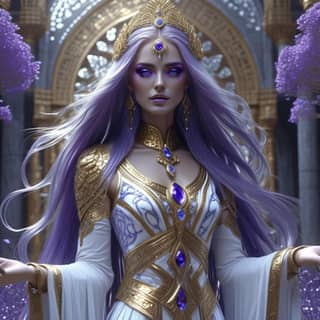 with purple hair and a crown is standing in front of purple flowers