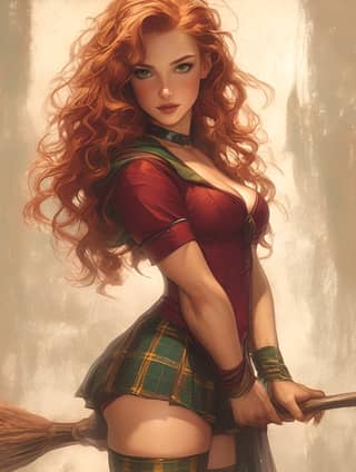 with red hair and a broom