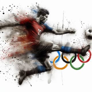 a soccer player kicking the ball with the olympic rings