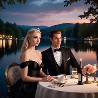 Une femme en tenue formelle est assise à une table près d'un lac.