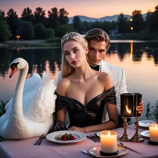 Une femme en tenue formelle est assise à une table avec un cygne.