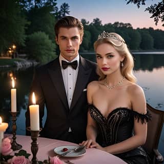 Une femme en tenue de soirée est assise à une table avec des bougies.