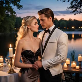 woman in formal wear standing near a lake