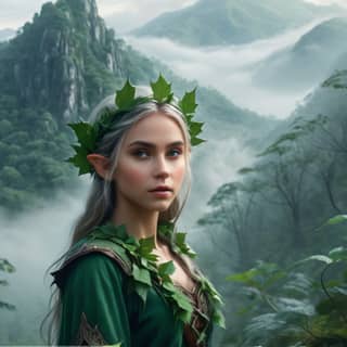 woman in green dress with leaves on her head
