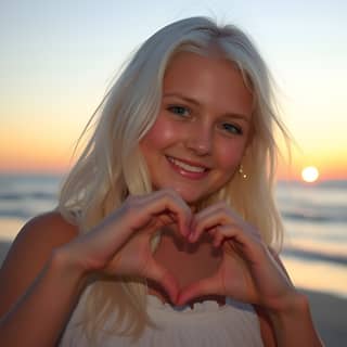 blonde girl making a heart shape with her hands