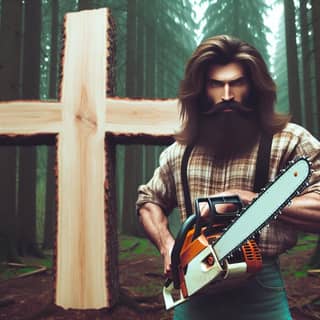 with a chainsaw standing in front of a cross