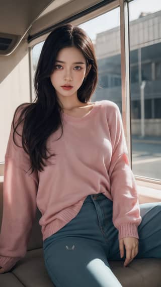 in a pink sweater sitting on a bus