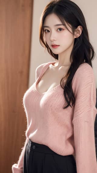 in a pink sweater