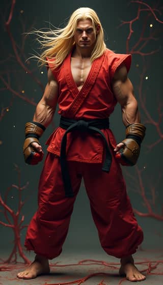 in red karate outfit with blonde hair