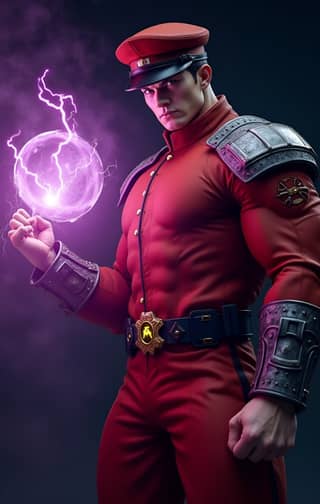 in red uniform holding a lightning ball