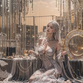 銀のドレスを着た人物が、金と銀の玉に囲まれて椅子に座っています。