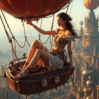 sitting on a hot air balloon in front of a city