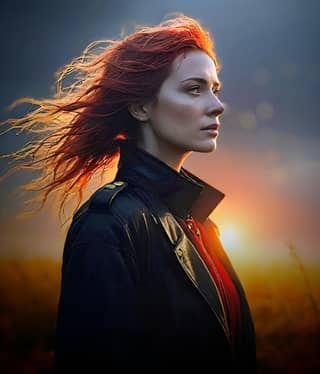 the woman in the poster is wearing a black jacket