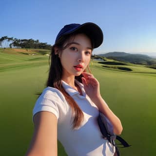 in a white shirt and black hat on a golf course