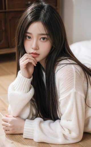 in a white sweater laying on the floor
