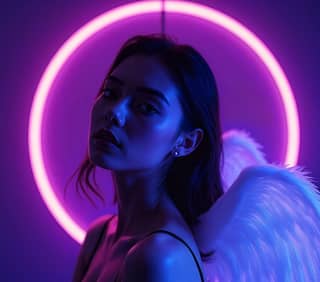 with angel wings in front of a neon light