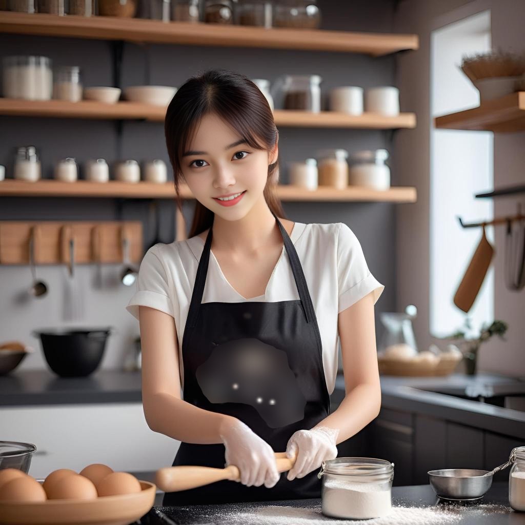 in apron baking bread in kitchen