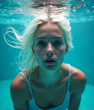 blonde woman is underwater in a pool