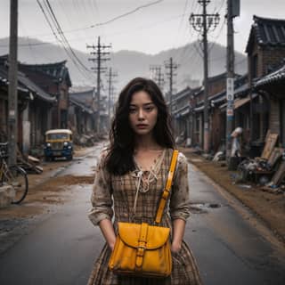 in a dress standing in the middle of a street