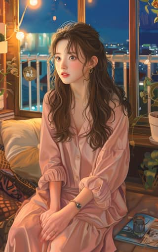 ピンクのドレスを着た女の子が窓の縁に座っています。