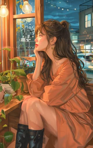 女の子が鉢植えの植物と一緒に窓の縁に座っています。