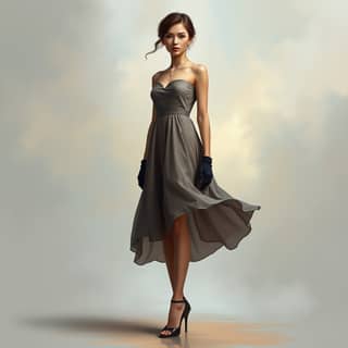 in a gray dress and gloves