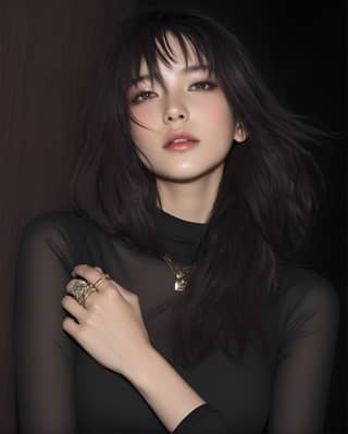 with long black hair wearing a black top