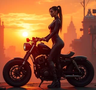 on a motorcycle in front of a city at sunset