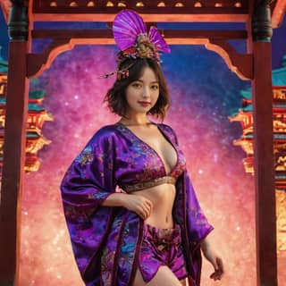 in a purple kimono