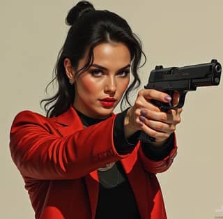 in a red suit holding a gun