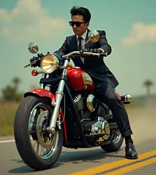 in a suit and sunglasses riding a motorcycle